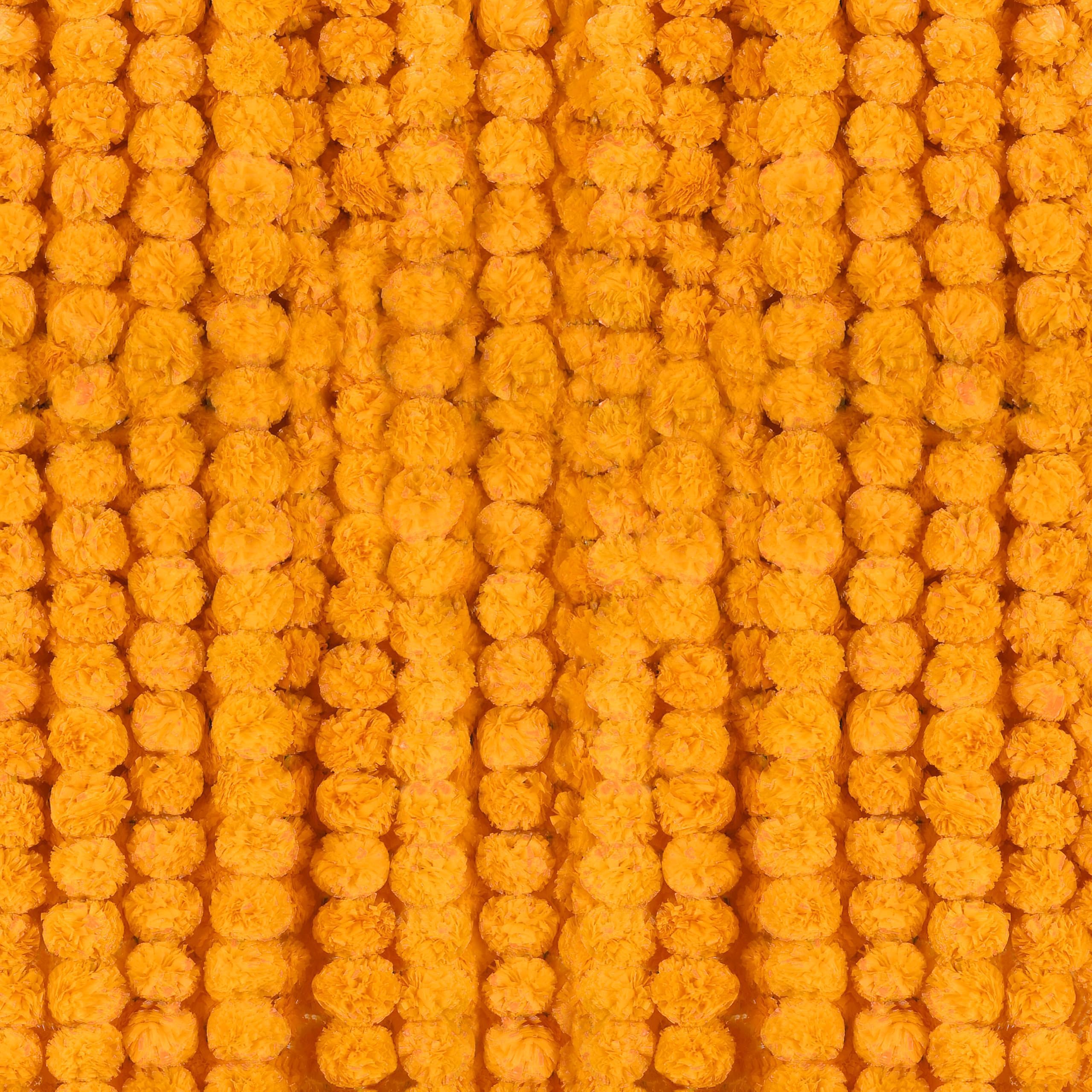 Photo 1 of 6 Pcs - 5 Feet Marigold Garland Indian American Wedding Party Mantle Decoration, Dia de Los Muertos Faux Garlands Diwali Decoration, Spring Bush Floral (Orange