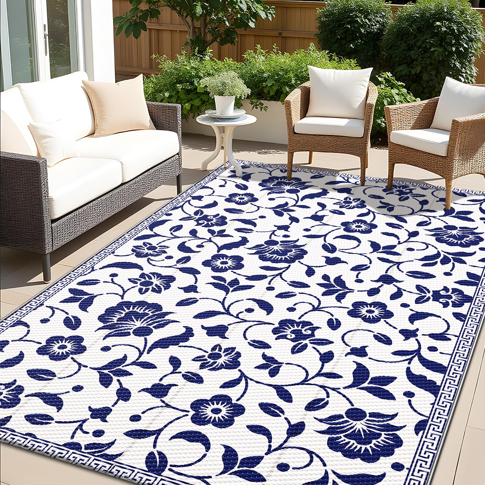 Photo 1 of OLANLY Waterproof Outdoor Rug 5x8 ft, Outdoor Plastic Straw Rug with Flower Pattern, Reversible RV Mat for Patio, Camping, Balcony, Deck, Backyard, Navy & White