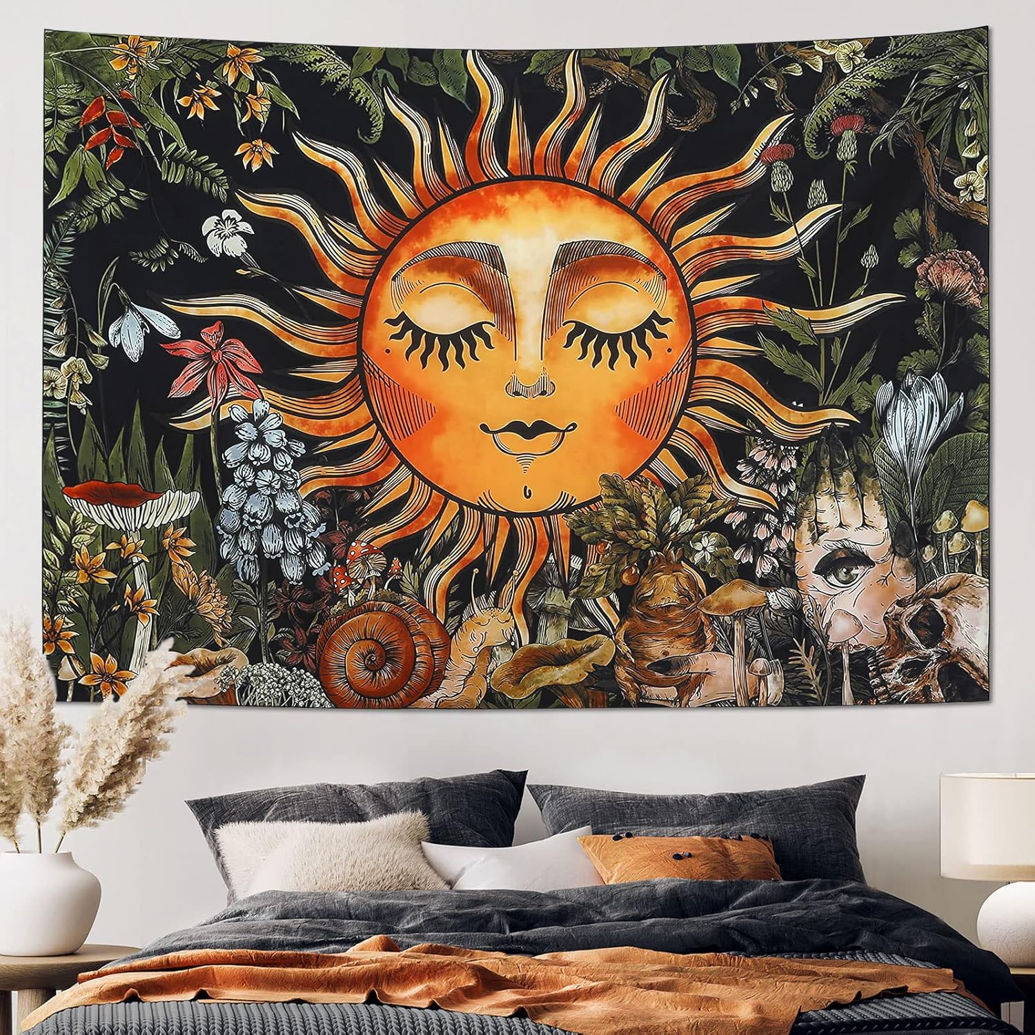 Tapestries - MitoGadget Boho SunRise Tapestry for Bedroom Aesthetic, Trippy Hippie Wall Tapestry, Bohemian Vintage Psychedelic Botanical Plant Tapestries Wall Carpet Hanging, 59.1ʺ x 51.2ʺ