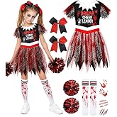 Brikabia Girls Zombie Cheerleader Costume Kids Halloween Costume with Dress Pom Poms Hair Bows Socks & Scary Stickers