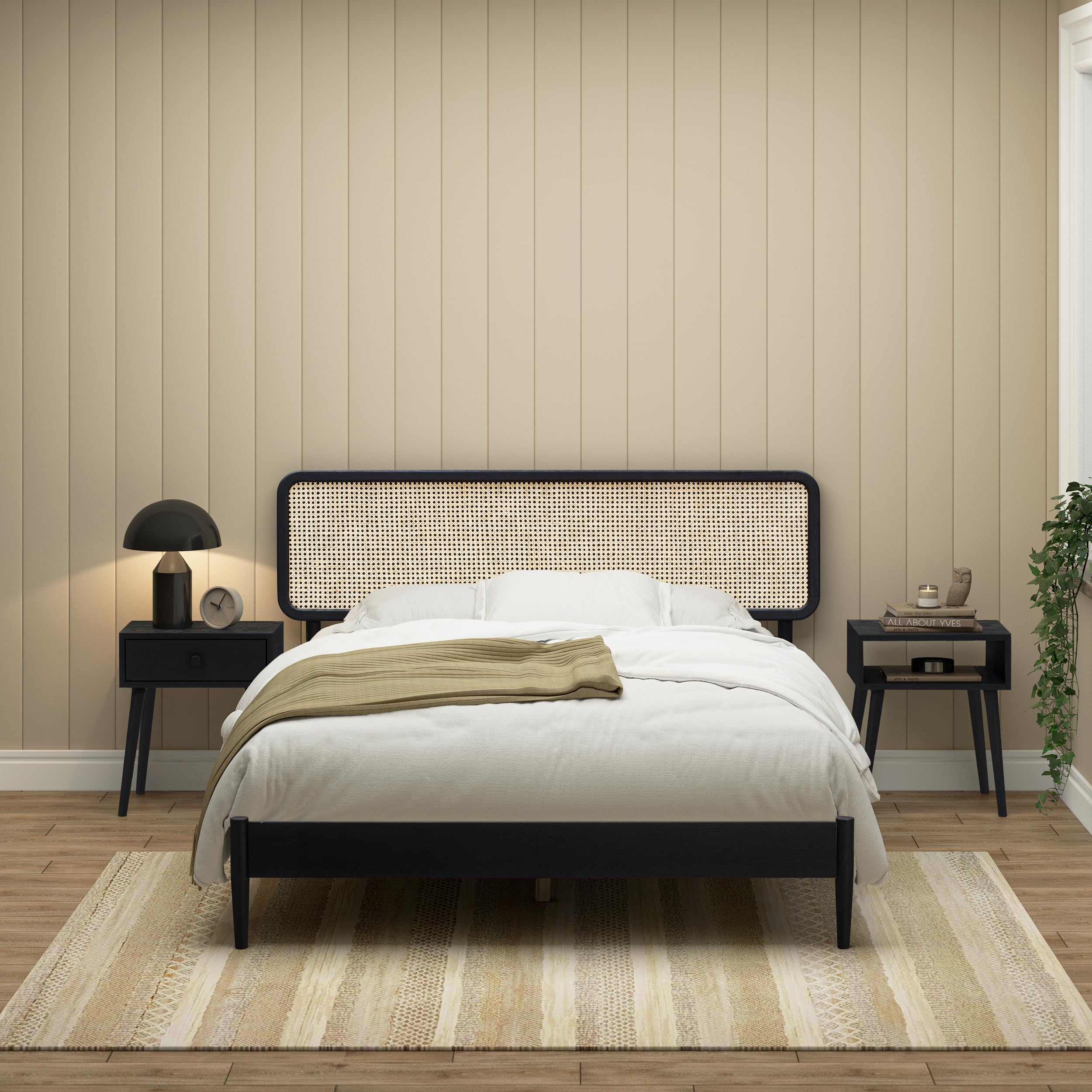 Photo 1 of NTC Lupin Wooden Bed Frame with Headboard and Natural Rattan, Solid Oak Foundation with Silent Slats, 1000 Lb Capacity, Effortless Assembly, Queen - Burnt Black