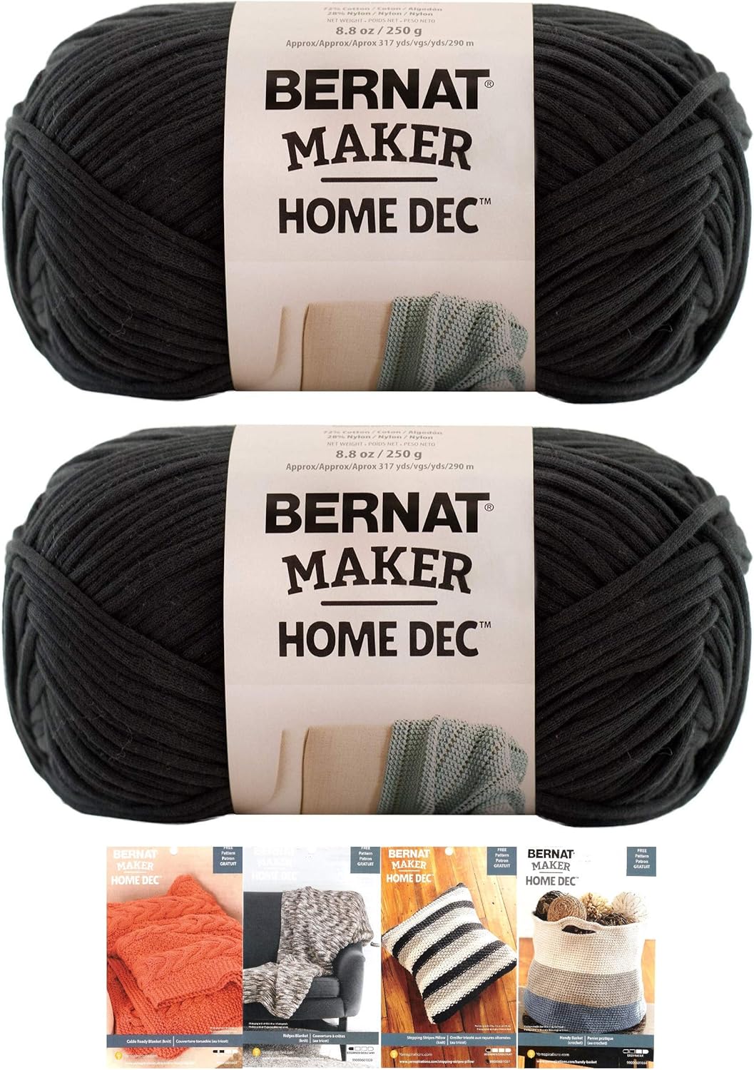 Bernat Maker Home Dec Corded Yarn Bundle 2 Skeins with 4 Patterns 8.8 Ounce Each Skein (Black)