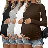 Oakgarden 4 Packs Womens Maternity Shirts Long Sleeve Cotton Ribbed Pregnancy Mock Neck Side Ruched Workout Tops for Mama