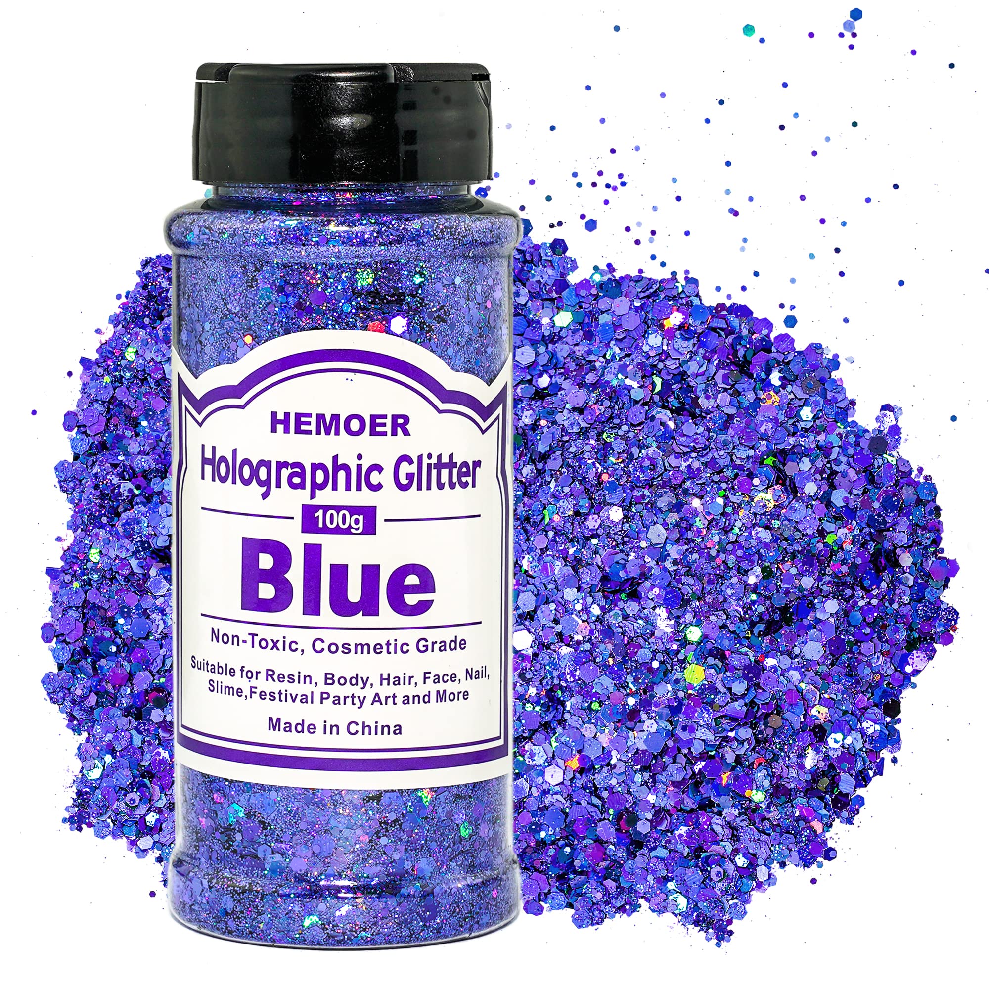 HEMOER Blue Glitter, 100g/3.5oz Holographic Chunky Glitter Mixed Hexagon Chunky & Fine Flakes Iridescent Sequins for Epoxy Crafts, Resin, Nail Body, Tumblers, Party Decoration — image 1