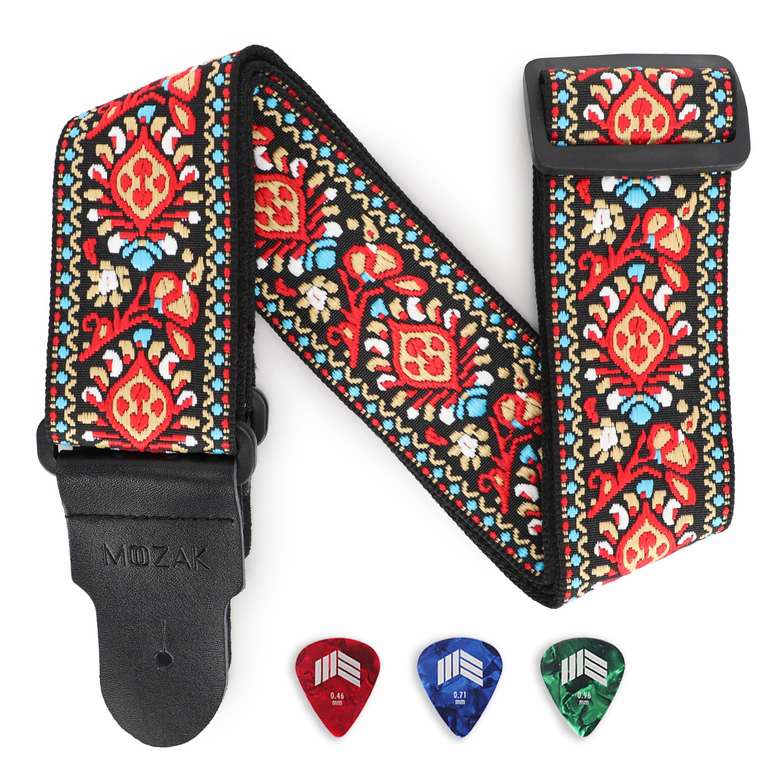 MOOZAK Vintage Embroidered Guitar Strap – Adjustable Leather Guitar Strap for Electric Guitar, Bass Guitar, Acoustic Guitar – Ideal Guitar Gift for Musicians（Red&Yellow）