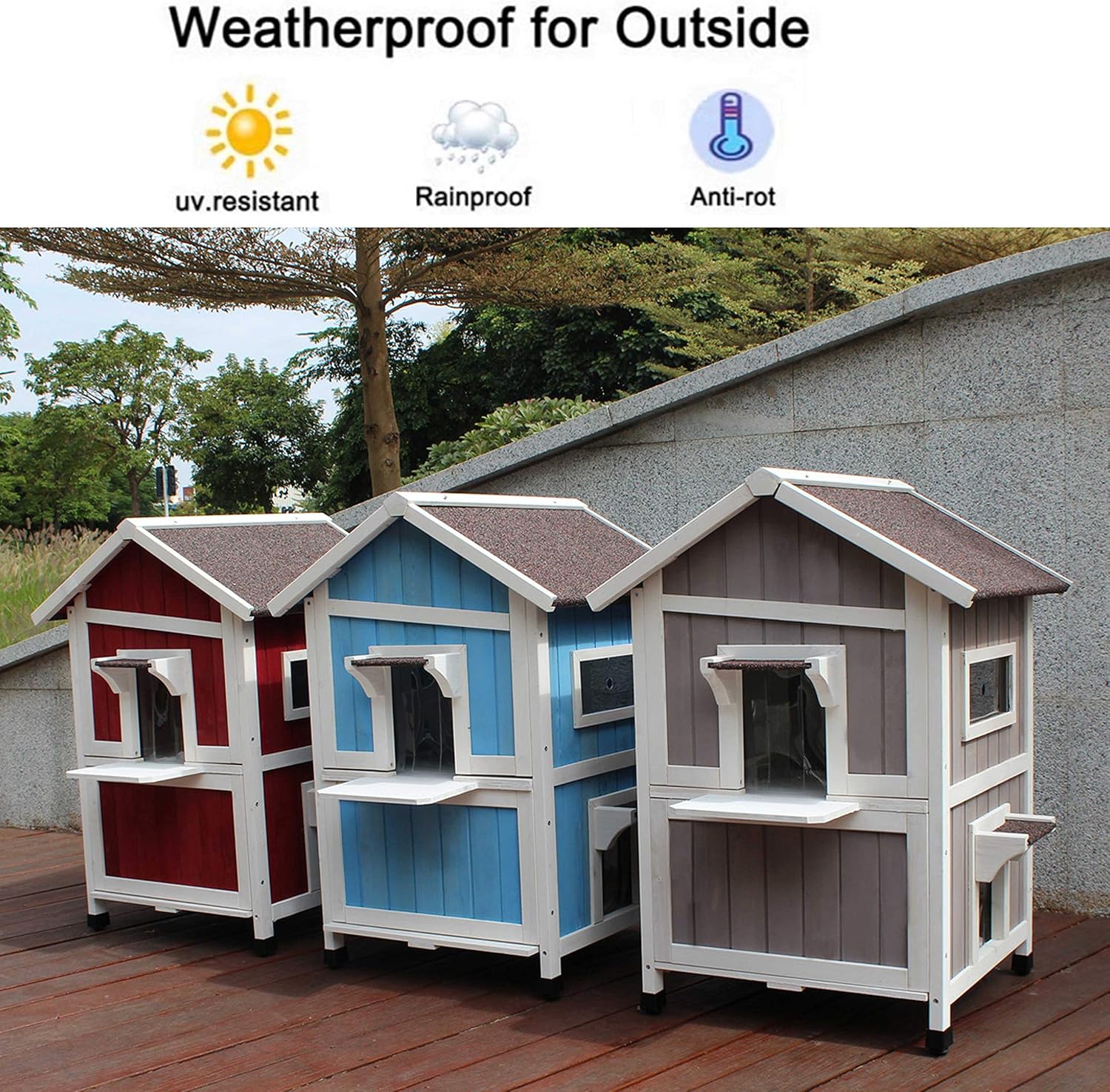 ROCKEVER Feral Cat Shelter Outdoor with Escape Door Rainproof Outside Cat House Two Story for Three-Four Cats Color Grey : Pet Supplies