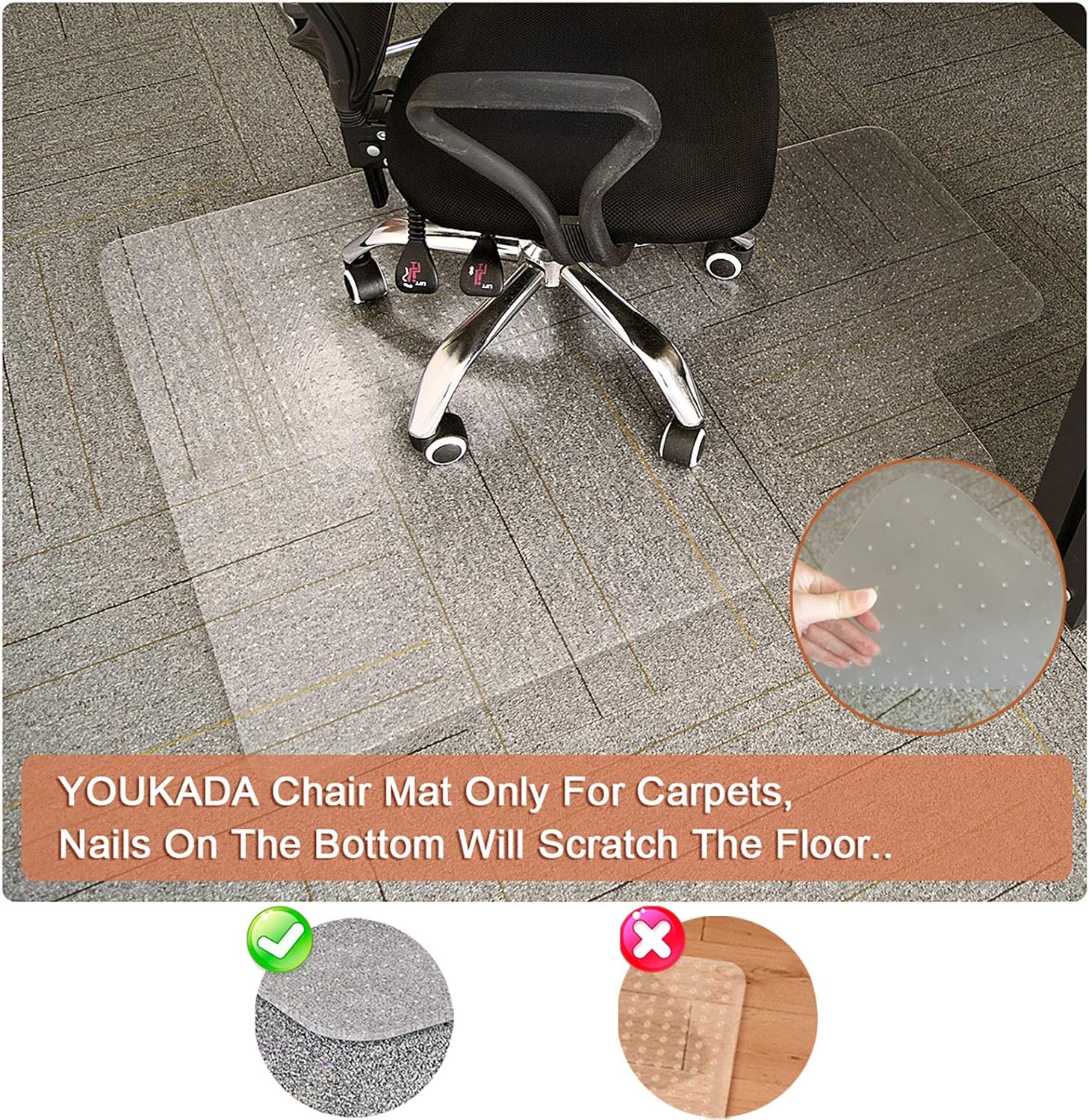 Chair-Mat-with-Lip, Desk-Chair-Mat, Chair-Mat-for-Carpet, YOUKADA Heavy Duty Chair Mat, Desk Chair Mat with Lip for All Carpets, 86 x 109 cm/34 x 43 inches : Office Products