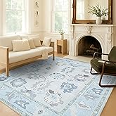 Fame Living Cream Blue Oushak Rug, Modern, Vintage, Turkish, Eclectic, Floral, Pastel, Washable, Area Rugs for Living Room, Dining, Bedroom, Office, Entryway, Foyer, Playroom, Nursery, 5'x6'9"