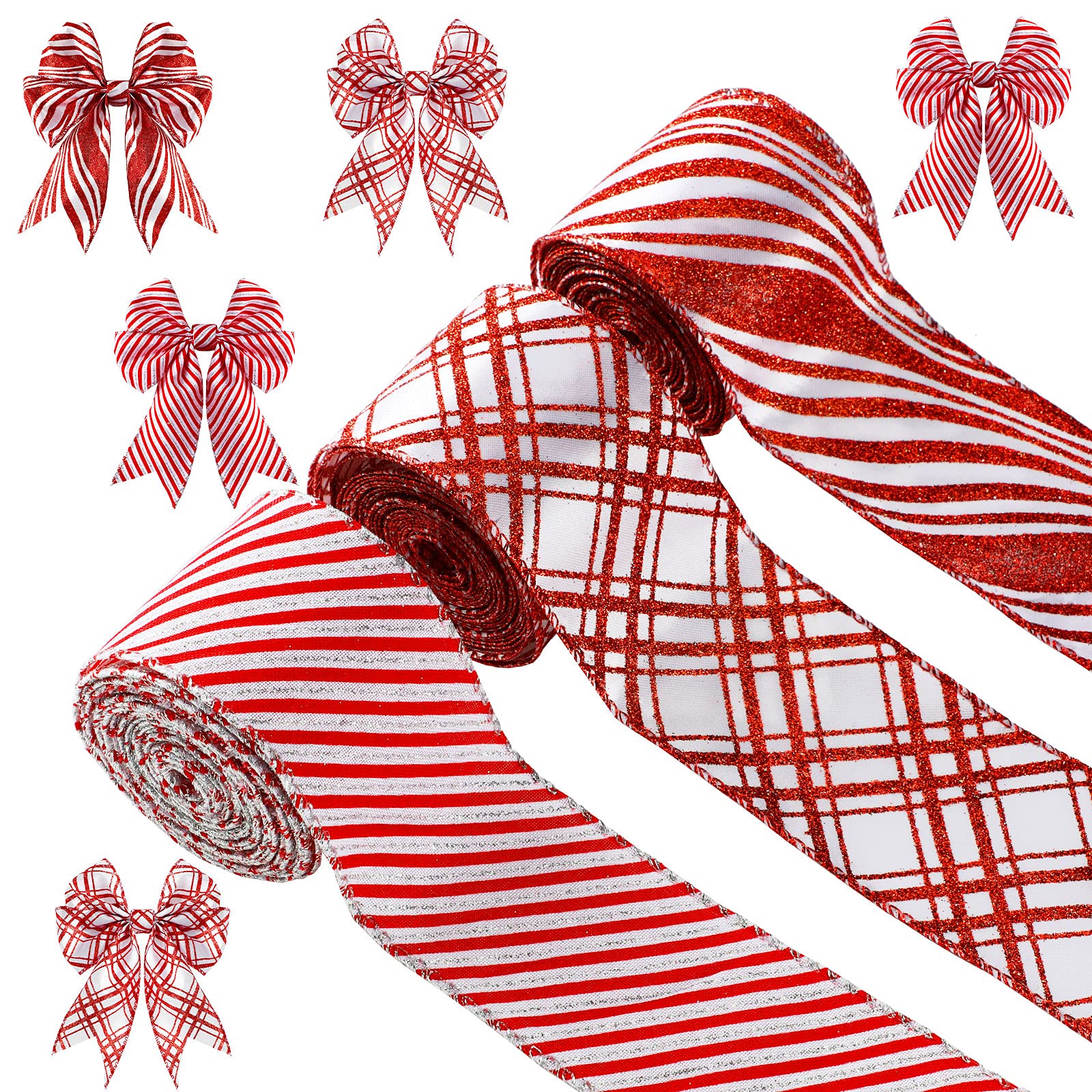 Fresh Style 3 Roll 15 Yard x 2.5 Inch Christmas Candy Cane Peppermint Wired Edge Red and White Striped Ribbon Xmas Gift Wrapping Wreath Bow DIY Embellishment Holiday Craft Decoration