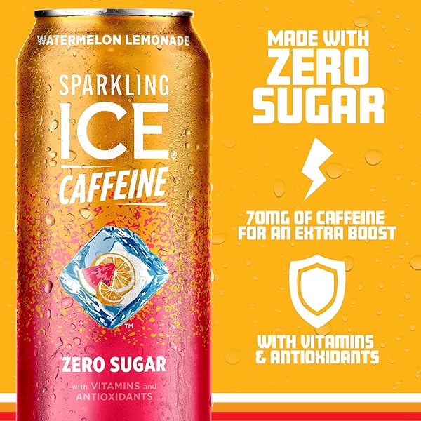 SPARKLING ICE CAFFEINE WATERMELON LEMONADE SPARKLING WATER WITH CAFFEINE, ZERO SUGAR, WITH ANTIOXIDANTS AND VITAMINS,16 FL OZ CANS (PACK OF 12)