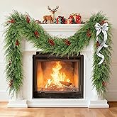 9Ft Christmas Garland, Artificial Cedar Cypress Garland with Red Berry, Bendable Faux Pine Realistic Greenery Garland for Table, Stairs, Porch, Mantle, Fireplace Indoor Outdoor Christmas Decorations