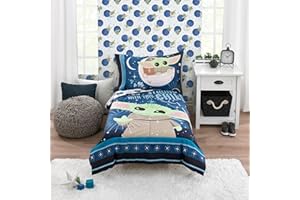 NoJo Star Wars The Child Little Bounty Blue, Green and White Grogu The Force is Strong with This Child 4 Piece Toddler Bed Set Comforter, Fitted Bottom Sheet, Flat Top Sheet and Reversible Pillowcase