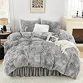 Litanika Tie-Dyed Grey White Fluffy Comforter Queen Size, Luxury Plush Faux Fur Bedding, Ultra Soft Velvet Fuzzy Bed Set 3 Pieces(1 Shaggy Comforter, 2 Pillowcases)