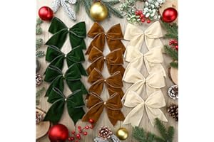 Janinka 12 Pcs Christmas Velvet Bows 6 Inch Rustic Wreath Gift Bows Vintage Xmas Velvet Ribbon Bow Ornaments for Christmas Farmhouse Tree Garland DIY Craft Wrapping Decorative(Milky White,Brown,Green)