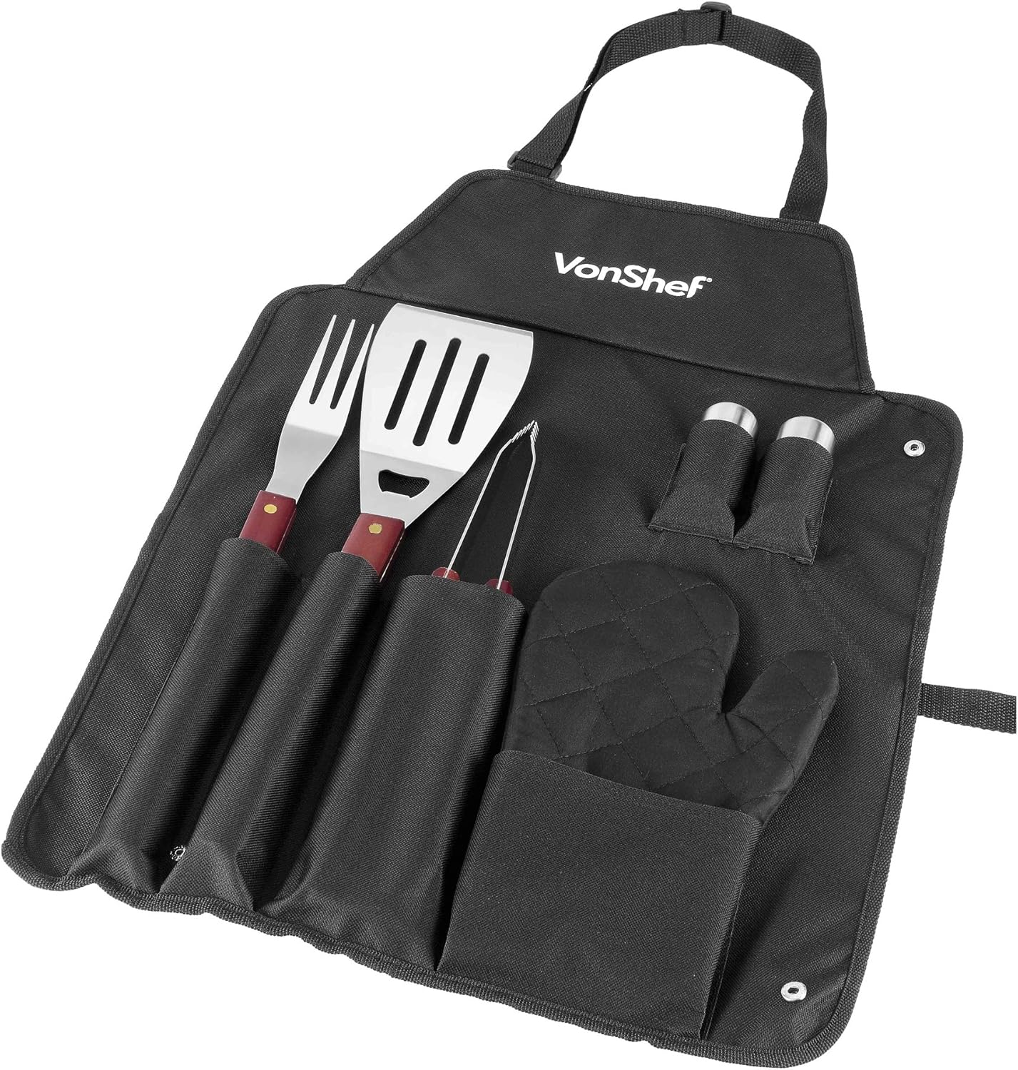 VonShef 7 Piece BBQ Apron & Tool Set Stainless Steel and Wood Mix