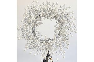 Huashen 24 Inch Winter Front Door Wreath Winter Berry Wreath Metallic Effect Pearl White & Silver Berry Christmas Wreaths for Front Door Wall Window Hanging Christmas Decoration Home Décor