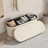 GLAXYFUR Oval Storage Ottoman Bench, Sherpa Foot Rest, 43 Inch Folding Chest for Living Room, Bedroom, White