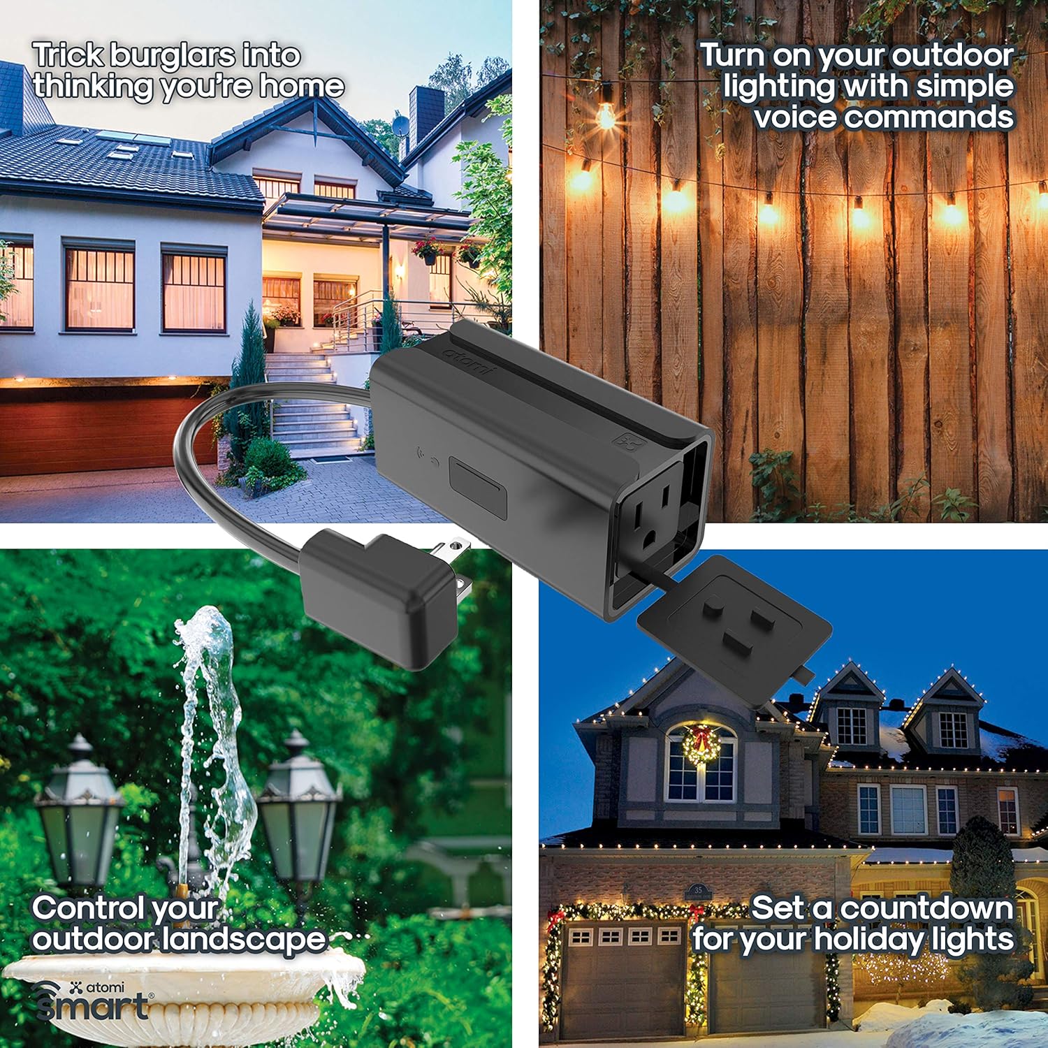 Atomi Smart Outdoor Plug WiFi works with Droid iOS control from any phone, great for holiday lights and lawn accessories - - 