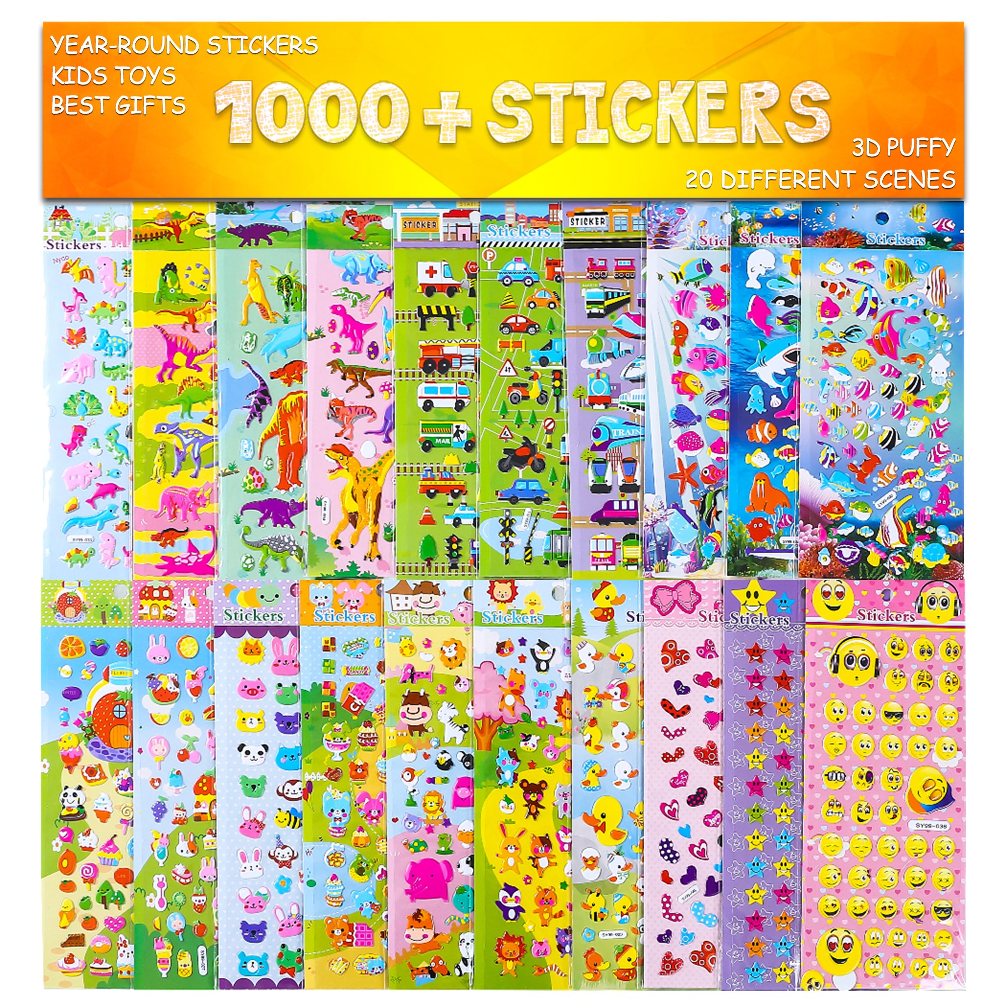 Stickers 1000 + and 20 Different Scenes , 3D Puffy Stickers, Year-Round Sticker Bulk Pack for Teachers School,Students, Toddlers,Scrapbooking, Girl Boy Birthday Present Gift, Including cars and more