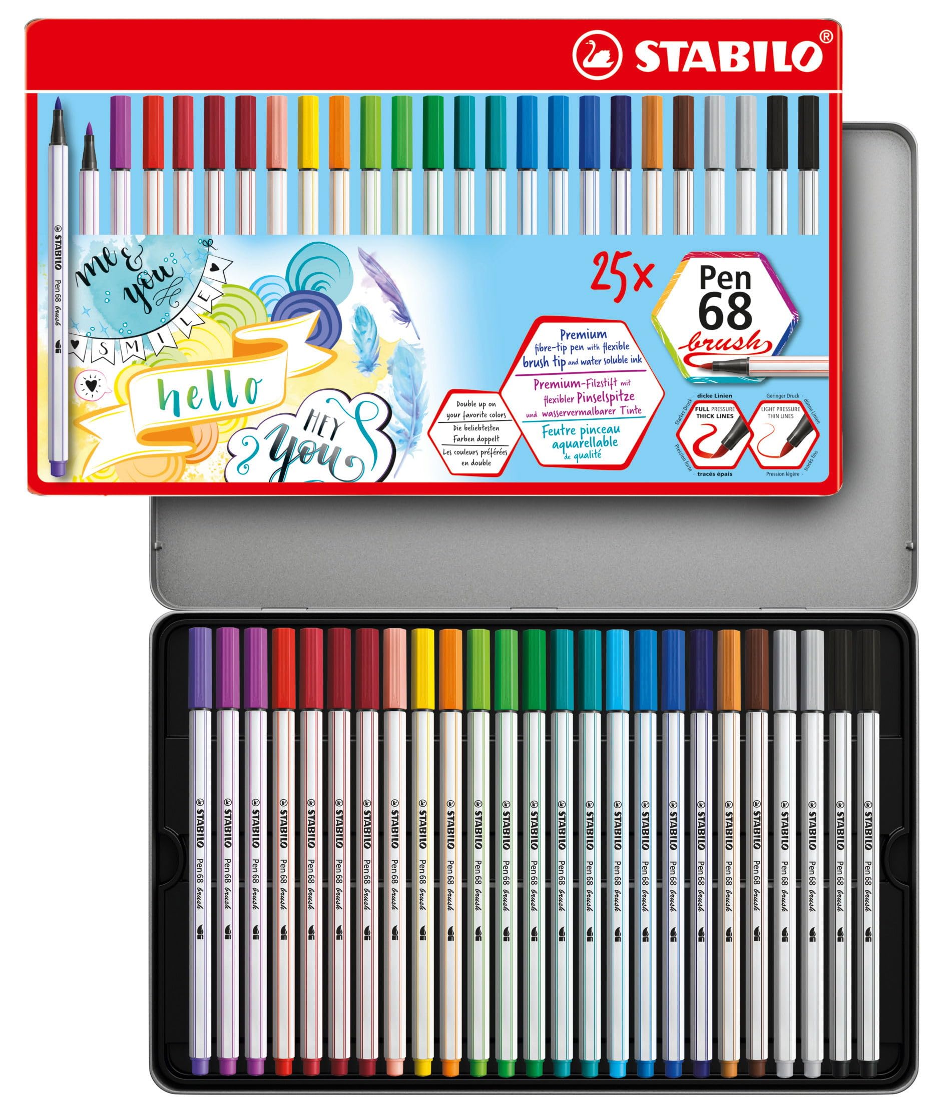 STABILO Premium Fibre-Tip Pen Pen 68 brush - Tin of 25-19 assorted colours