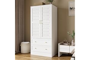 PAKASEPT Armoire Wardrobe Closet with 2 Woven Doors, Armoire Storage Closet Cabinet with Drawers, Hanging Rod, Freestanding Wooden Armoire Wardrobe for Bedroom