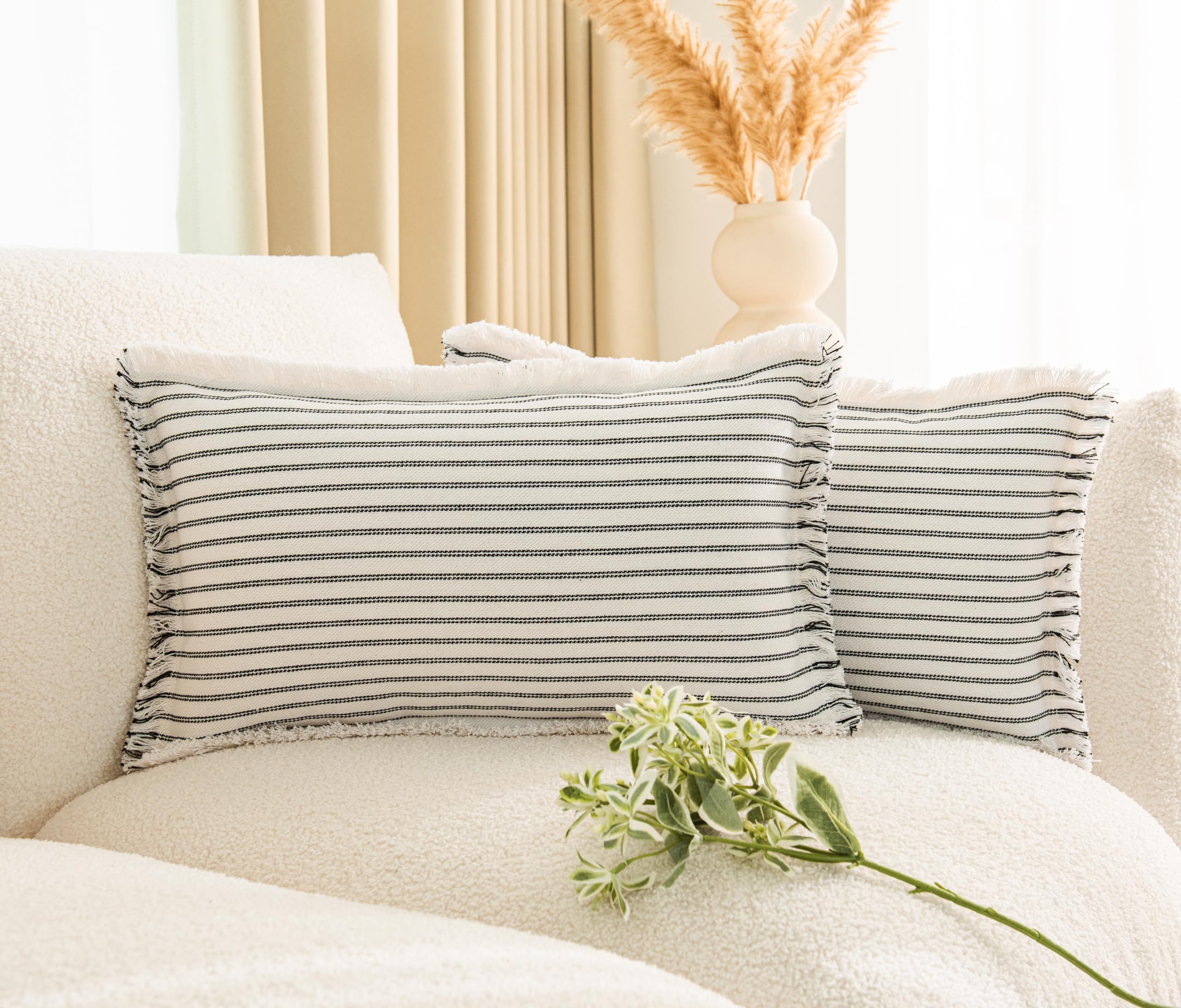 LIGICKY Set of 2 Fringe Lumbar Cushion Covers with Tassels Black Striped Boho Farmhouse Throw Pillow Covers Soft Rectangle Cushion Cases for Sofa Couch Bed Living Room Decor, 12 x 20 inch