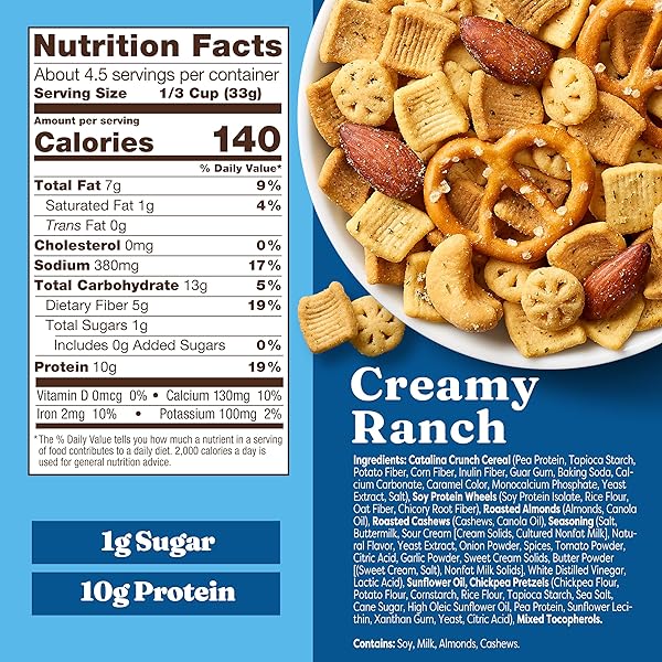 CATALINA CRUNCH PROTEIN SNACK MIX – 10G PROTEIN, 1G SUGAR PER SERVING – GOOD SOURCE OF FIBER, KETO, GLUTEN FREE – CREAMY RANCH, 5.25 OUNCE BAG (PACK OF 1)