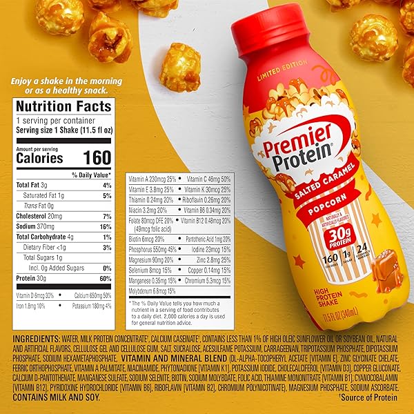 PREMIER PROTEIN SHAKE, LIMITED EDITION SALTED CARAMEL POPCORN, 30G PROTEIN, 1G SUGAR, 24 VITAMINS & MINERALS TO SUPPORT IMMUNE HEALTH, 11.5 FL OZ, 12 PACK