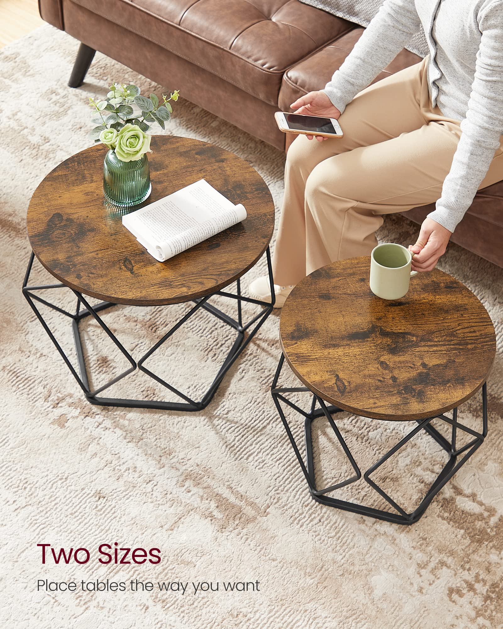 VASAGLE Small Coffee Table Set of 2, Round Coffee Table with Steel Frame, Side End Table for Living Room, Bedroom, Office, Rustic Brown and Ink Black