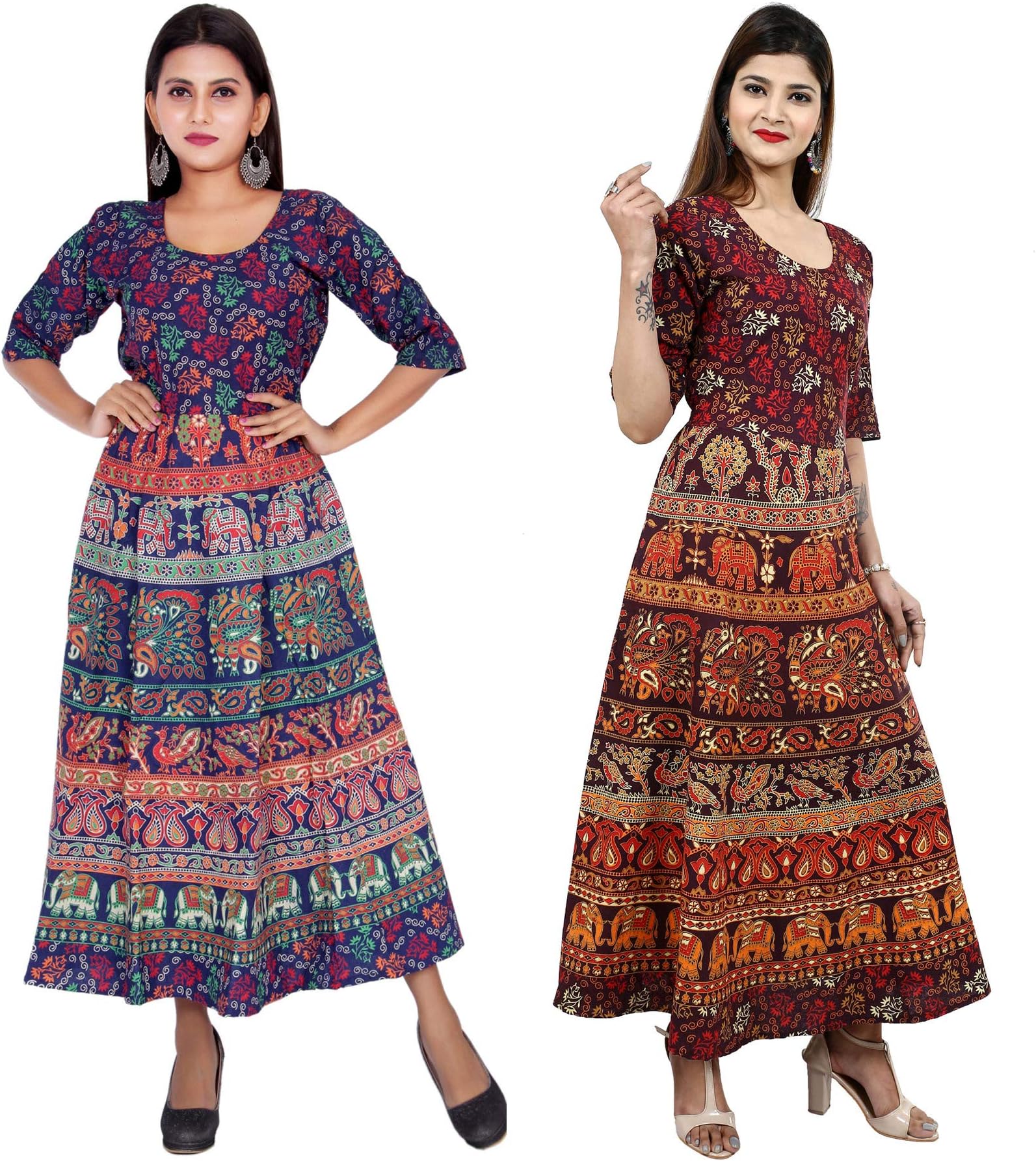 Women's Long Cotton Maxi Dress Combo (Multicolour, Free Size) -Set of 2