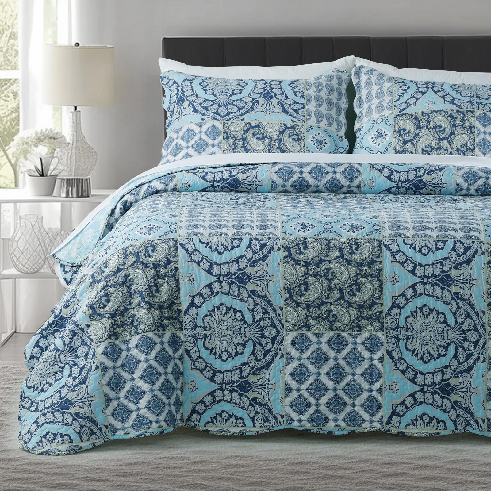 Photo 1 of KASENTEX Country-Chic Printed Pre-Washed Quilt Bedding Set - Microfiber Fabric Quilted Pattern Bedding (Multi-Blue B, Queen + 2 Shams)