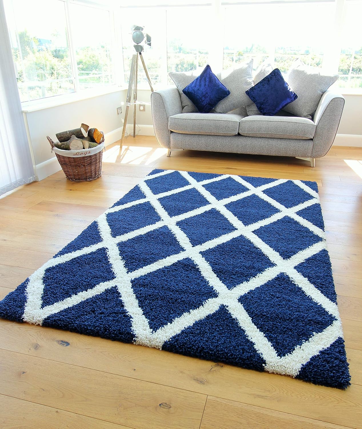 NEW SUPER SOFT NAVY BLUE CREAM MODERN SHAGGY AREA RUGS TRELLIS DESIGN