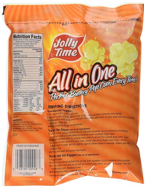 JOLLY TIME ALL IN ONE POPCORN KIT, PORTION PACKETS WITH KERNELS, OIL AND SALT FOR MOVIE THEATER OR AIR POPPER MACHINES (12OZ KETTLE)