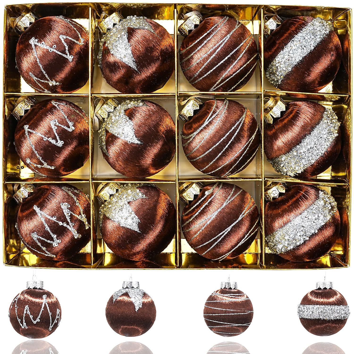 Photo 1 of 12 Pcs Luxury Christmas Ball Ornaments Set - 3.15 Inch Shatterproof Silk Satin Xmas Ball Decorations with Sequins, Balls for Christmas Tree Coffee