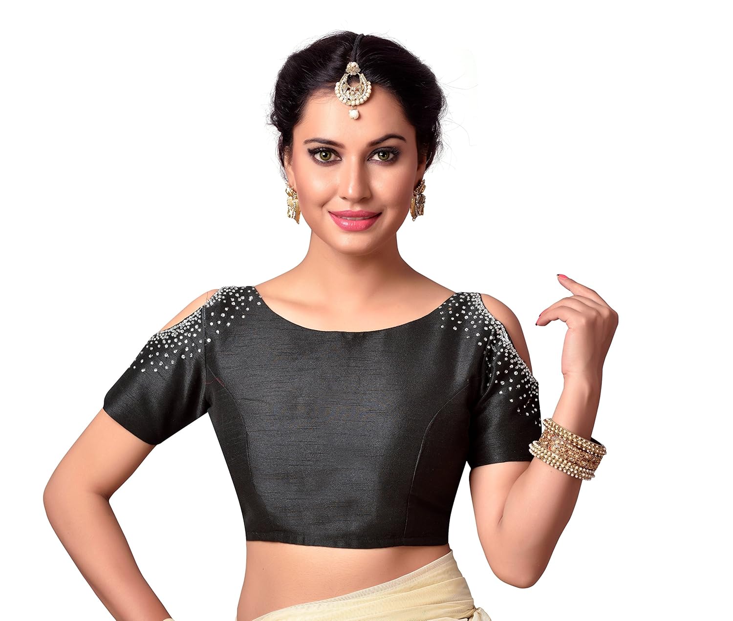 studio shringaar fashionable poly raw silk boat neck readymade blouse with latest cold shoulder short sleeves adorned with crystals