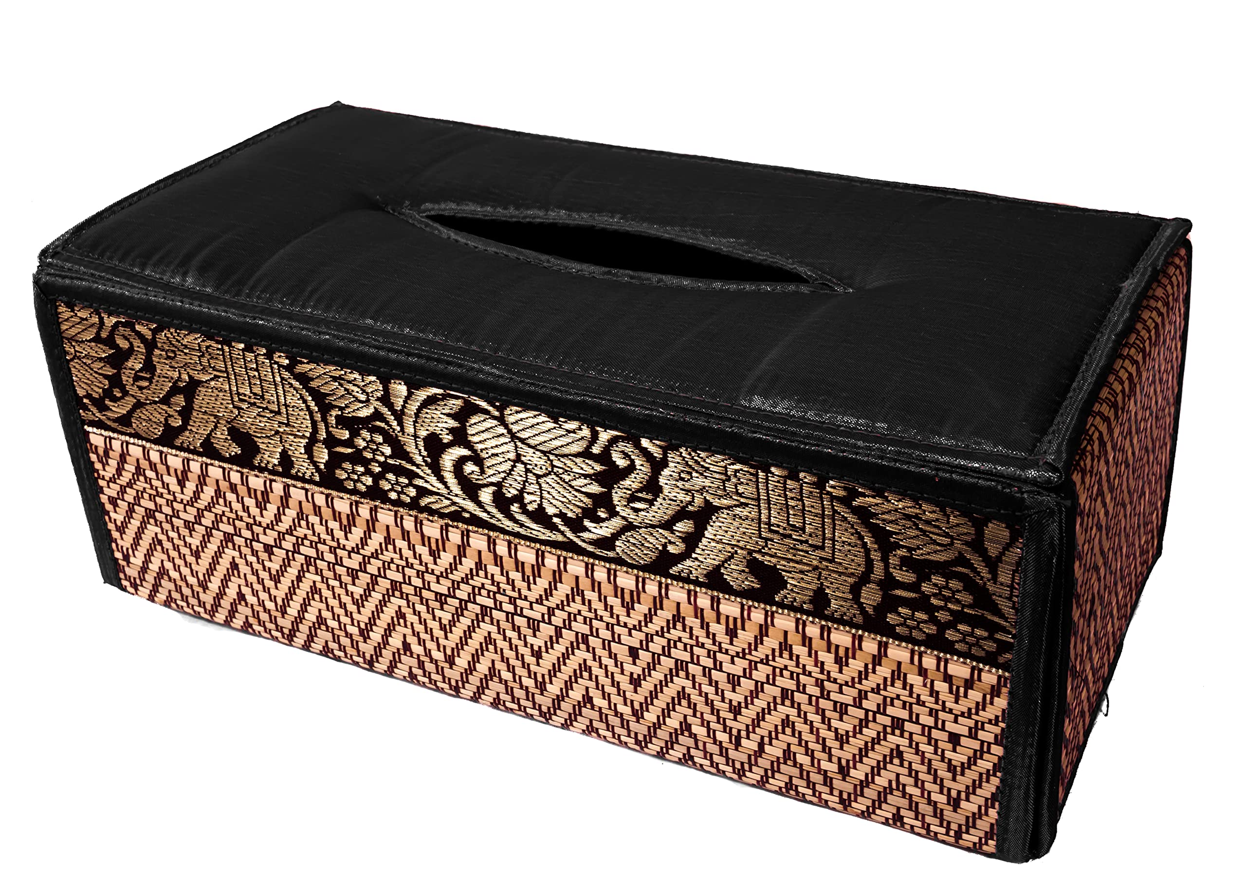 CCcollections Handmade Stylish Reed Tissue Box, 100% Cotton Handcrafted with Satin Trim Sheath Cover Holder Dispense made from Natural Eco-Friendly Materials - (Black)
