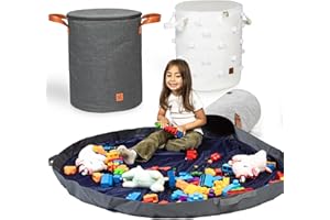 PANDA CRAFT Toy Storage Basket and Playmat - Large Toy Blanket Storage Mat with Zippers - Slide Away Canvas Bag Storage Bin - Sturdy Kids Storage Baskets & Mat - Toy Bag Play Mat For Girls & Boys, Light Grey