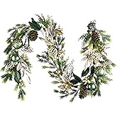 DecorbyHannah Christmas Garland with Lights, 6Ft Prelit Christmas Garland for Mantle, Stairs Railing, Lighted Xmas Garlands with Pine Cone, Bow Ornaments for Home Outdoor Decor(Green Gold)