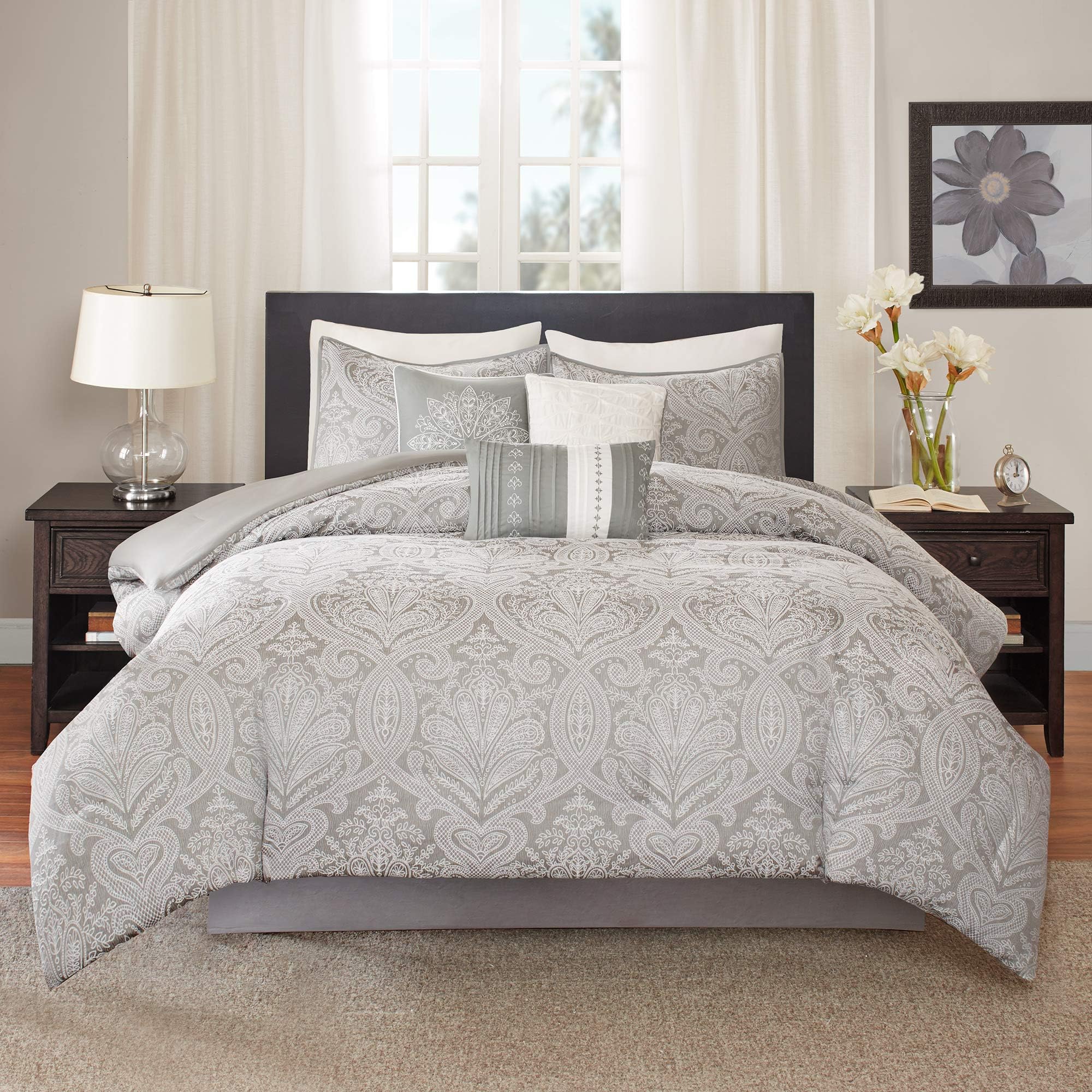 Madison Park Averly 7 Piece Comforter Set, Grey, Queen, (90 in x 90