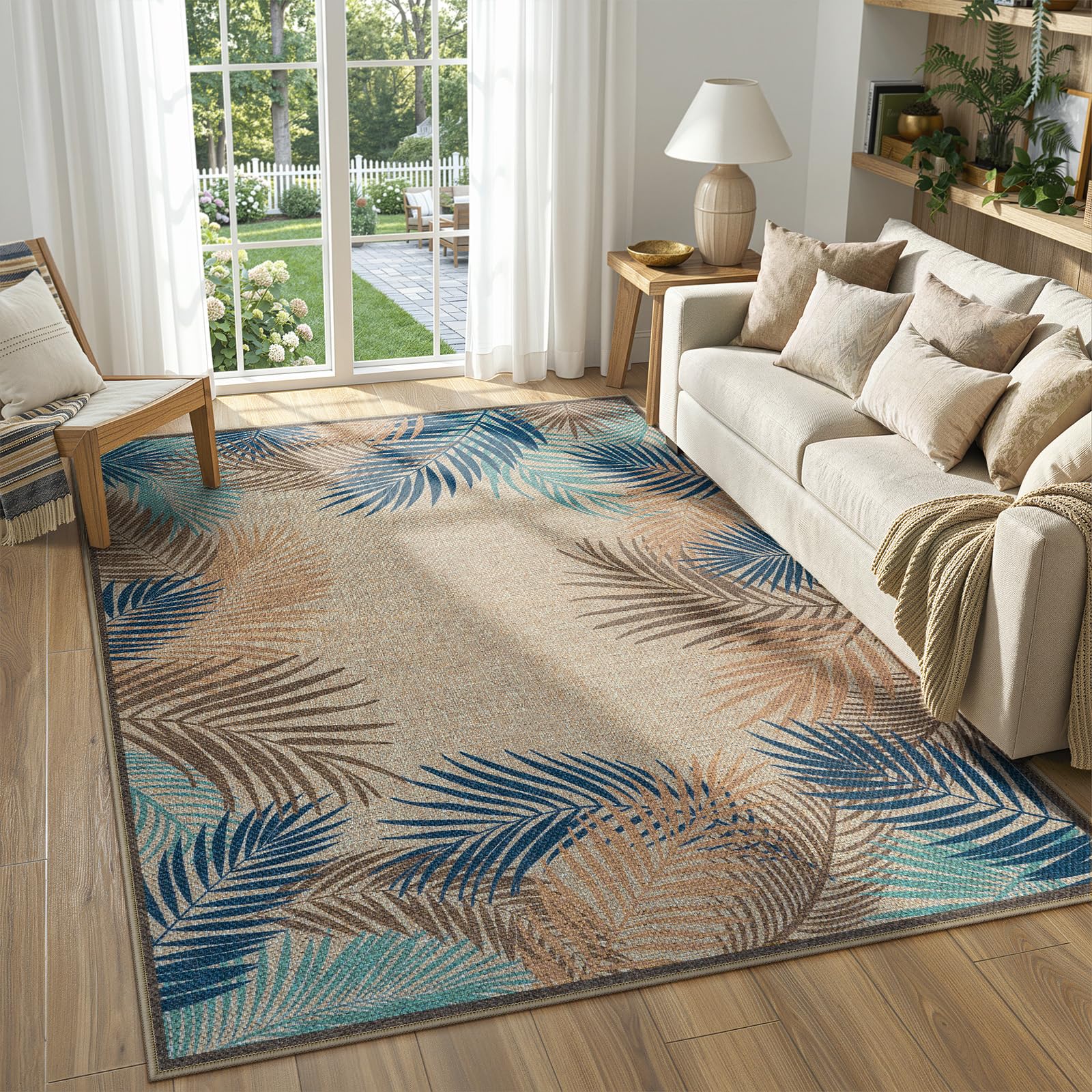 Photo 1 of LIVEBOX Modern Easy Jute 5x7 Outdoor Rug, Washable Area Rugs for Living Room Patio Tropical Leaf Indoor Outdoor Rug, Boho Farmhouse Non Slip Carpet for Backyard Foyer Dining Room(Olive, 5'x7')