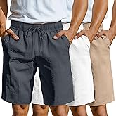 Neer 3 Pack Linen Shorts for Men Casual Beach Summer Lightweight Elastic Waist Drawstring with 3 Pockets