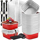LOKQING 50 Pack Mini Cake Pans with Lids and Spoons Small Aluminum Foil Pans Square Baking Cups Disposable Ramekins Cupcake Liners for Brownie Pie (Red, 5 oz)