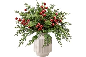 Watayo 60 Pcs Christmas Artificial Pine Branches with Red Berry Stems, 10.5" Faux Evergreen Norfolk Pine Cypress Leaves Stems, Fake Foliage Pine Needles Picks for DIY Craft Garland Home Decor