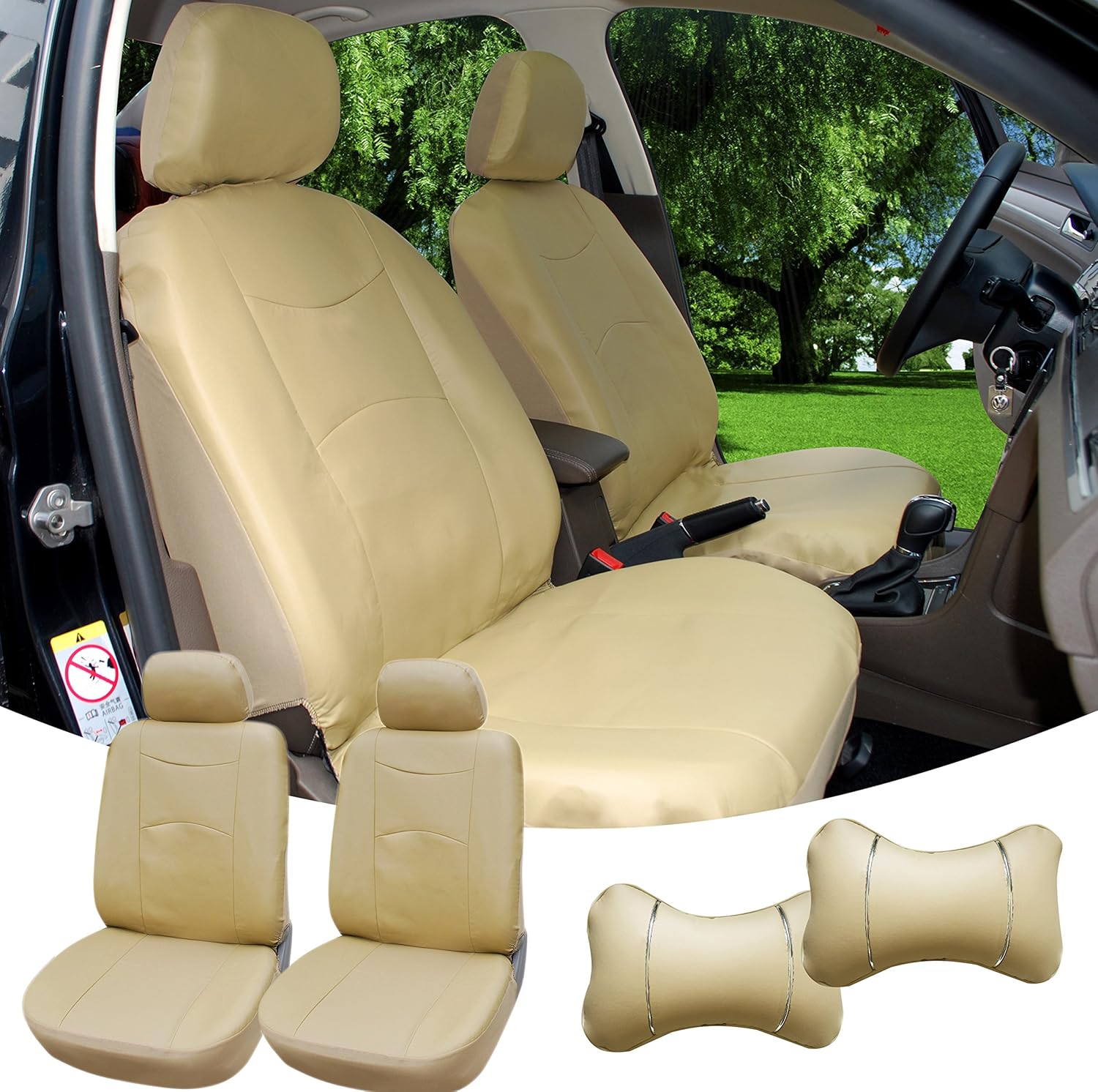 高速配送 Tan レザーlike 2フロントカーシートカバー 2ヘッドレスト枕互換性にtoyota Camry Corollaエコーyaris Tacoma 4ランナーfj Land Cruiser Avalon Prius Sequoia Rav 4 18 17 16 07 B077dyrq7s 値引きする 90a3acu P1ai