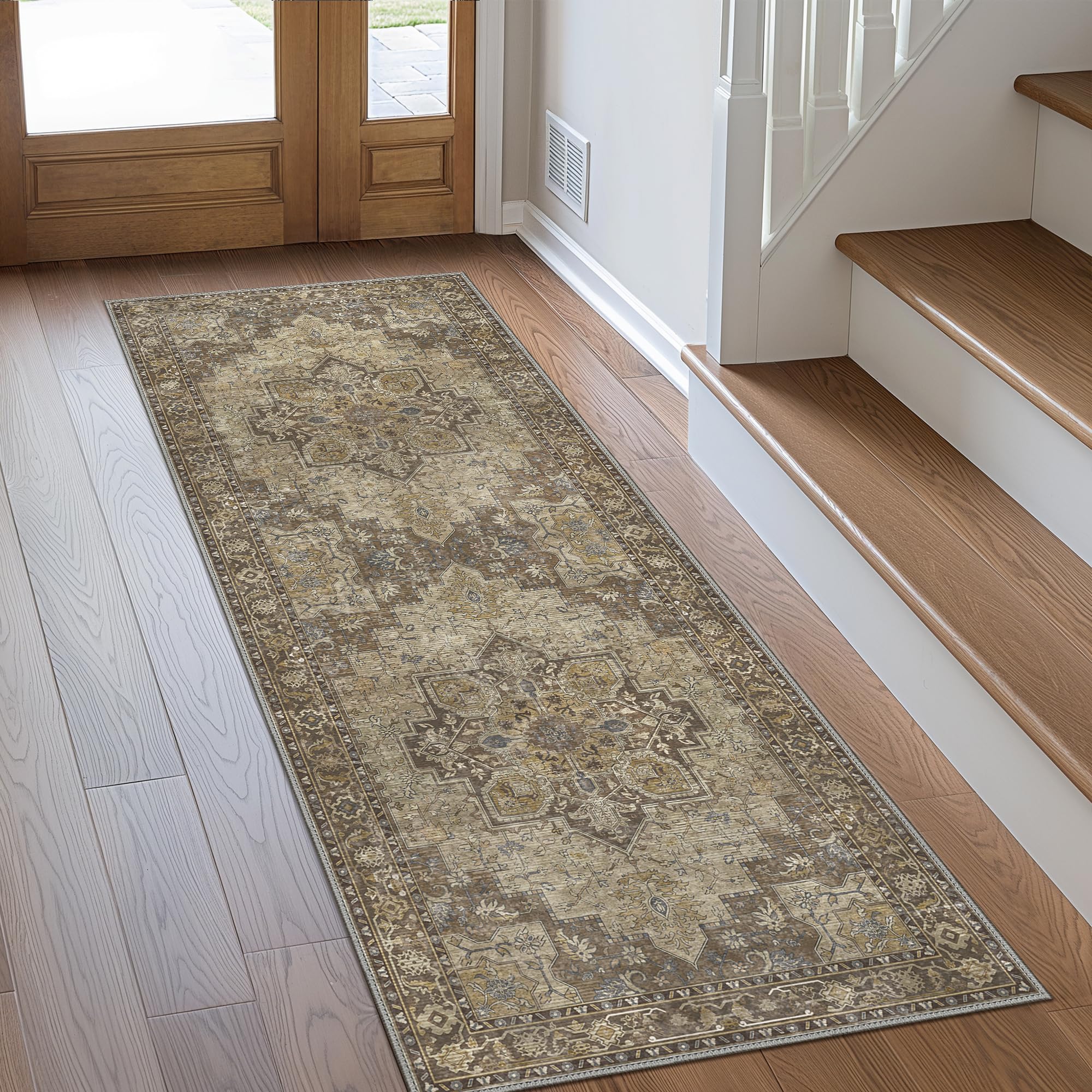 Photo 1 of GENIMO 2x12 Runner Rugs for Hallway, Machine Washable Non Slip Vintage Rugs, Low Pile Lightweight Soft Print Rug for enrtyway, Corridor, Home Office, Kitchen, Rustic Brown