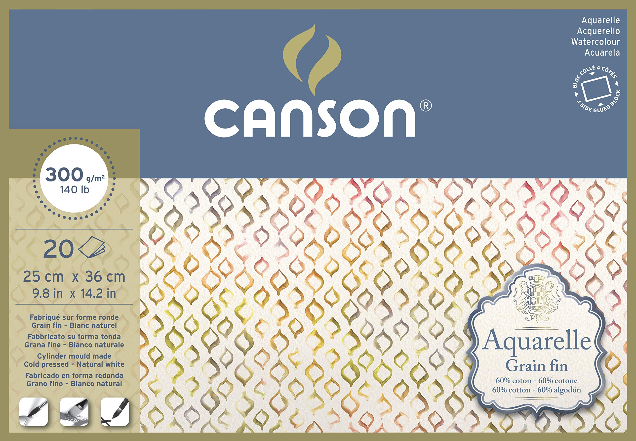 CANSON Aquarelle Watercolour Cold Pressed 300gsm Paper, Block Glued 4 Sides, 25x36cm Natural White 20 Sheets, For Professional Artists