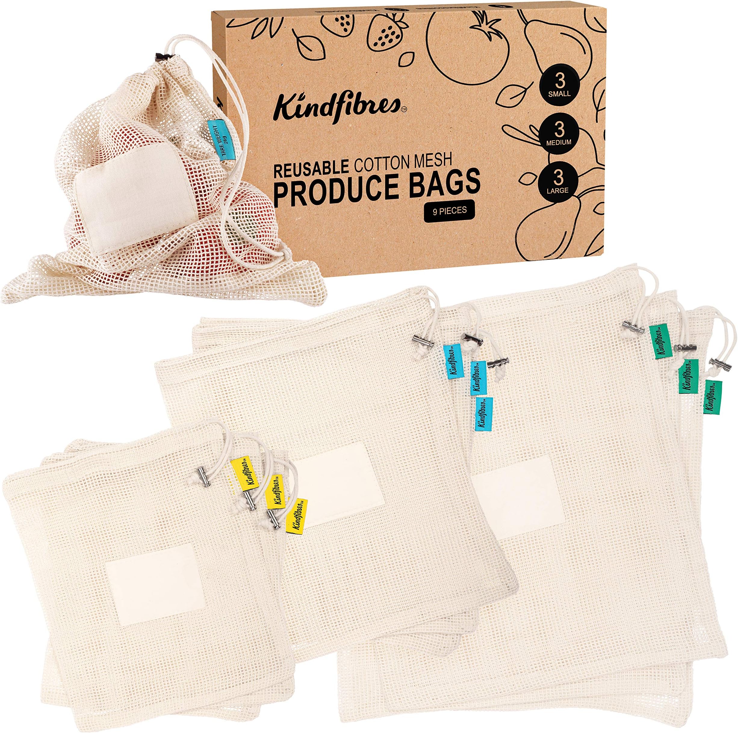 9 x Reusable Produce Bags by Kindfibres® | Cotton Vegetable Bags | Small Medium Large String Bag Set with Produce Label Holder | Plastic Free Zero Waste