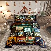 Erosebridal Camper Queen Comforter Set Happy Camping Bedding Set for Camper Gifts,RV Bedding Sets for Kids Boys Girls Room Decor,Rustic Country Style Patchwork Camping Quilt Bed Set 3Pcs
