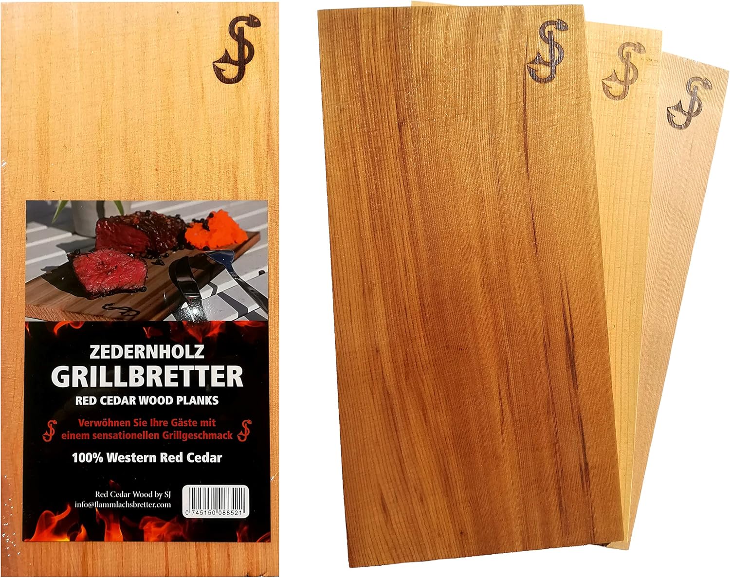 Räucherbretter im 3er Set aus reinem Zedernholz von „SJ“ – Grillbretter zum Grillen aus Red Cedar - 100% natürliche Aroma Holz Planken, Räucherplanke/Grillplanken zum Veredeln von Grillgut