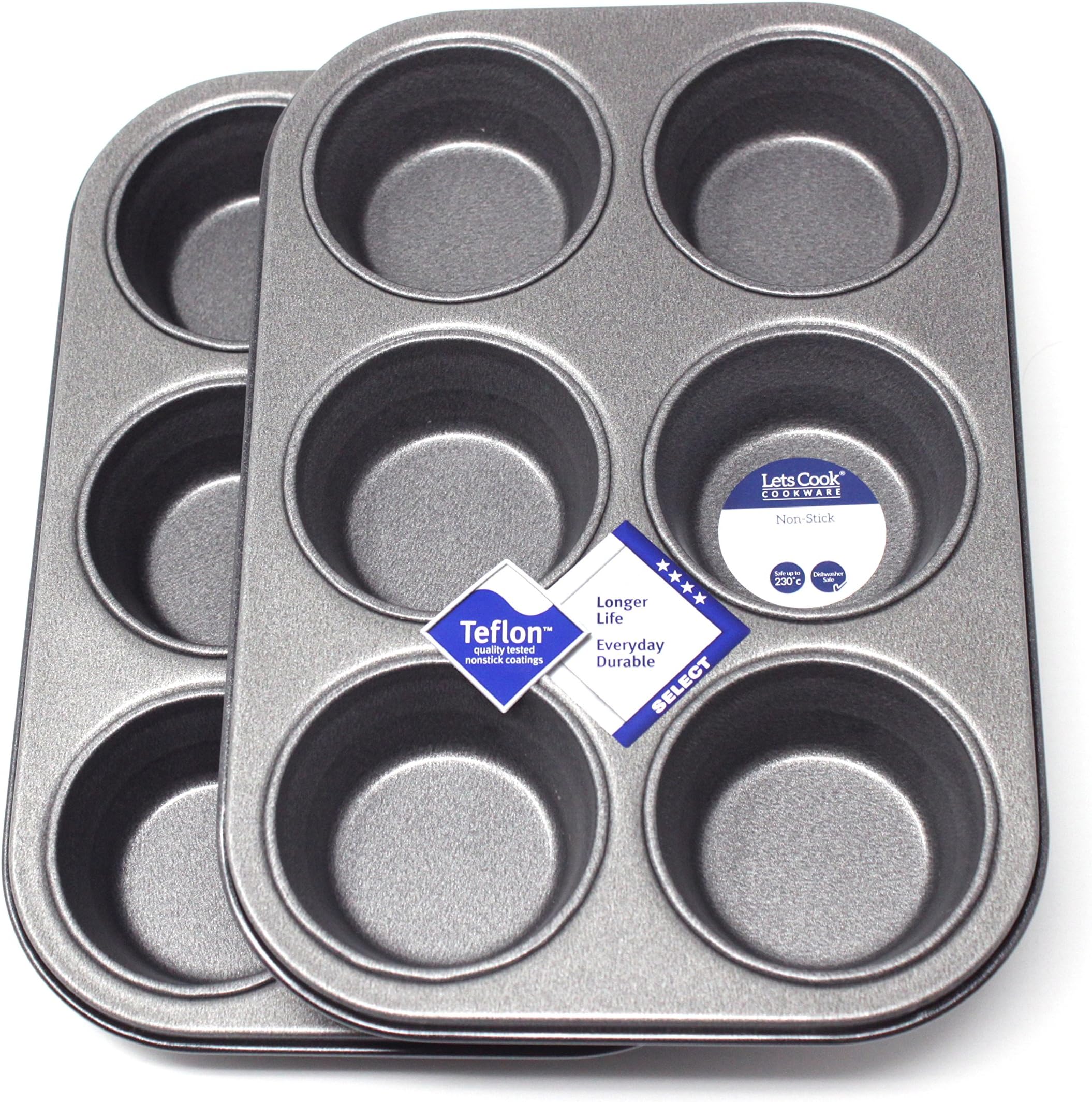 6 Hole Muffin Pan/Tin Baking Tray, Twin Pack, British Made with Teflon Select Non Stick by Lets Cook Cookware
